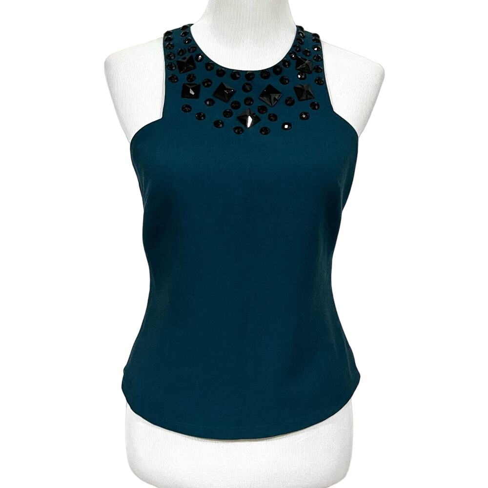 Annie Griffin Beaded Top Sleeveless Tank Fitted Teal Blue Black Women’s Sz 6